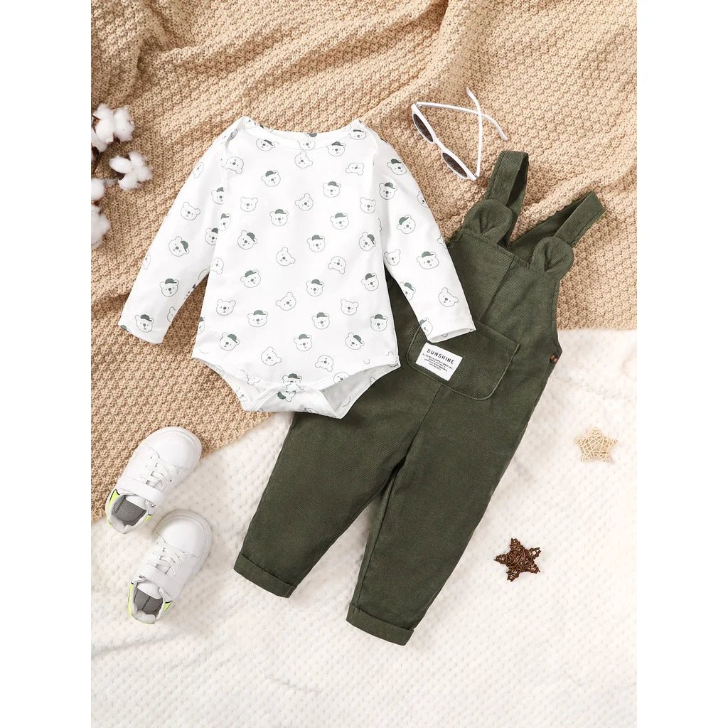 Bear Print Bodysuit with Green Overall Set - BABYSMART