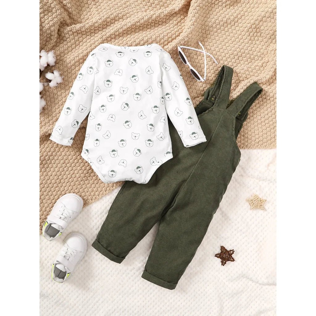 Bear Print Bodysuit with Green Overall Set - BABYSMART