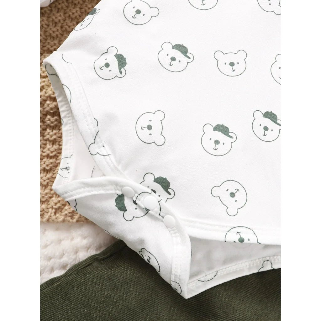 Bear Print Bodysuit with Green Overall Set - BABYSMART