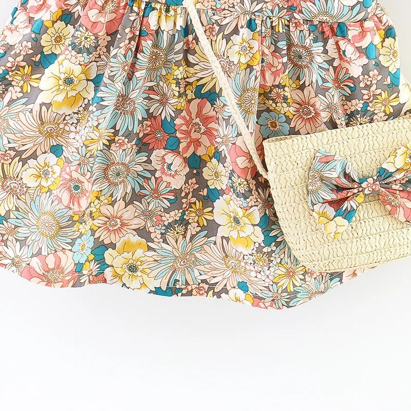 Summer Baby Girl's Dress New Vintage Garden Flower Flying Sleeve Dress with Straw Bag - BABYSMART
