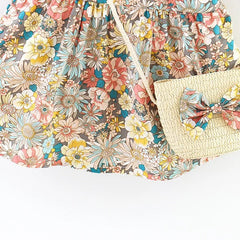 Summer Baby Girl's Dress New Vintage Garden Flower Flying Sleeve Dress with Straw Bag - BABYSMART