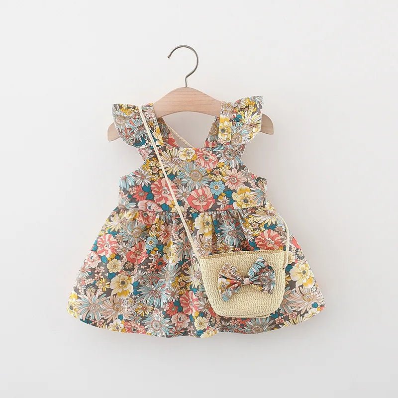 Summer Baby Girl's Dress New Vintage Garden Flower Flying Sleeve Dress with Straw Bag - BABYSMART
