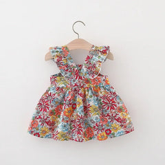 Summer Baby Girl's Dress New Vintage Garden Flower Flying Sleeve Dress with Straw Bag - BABYSMART