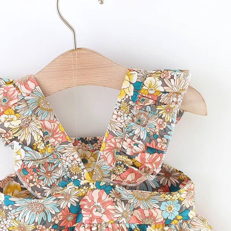 Summer Baby Girl's Dress New Vintage Garden Flower Flying Sleeve Dress with Straw Bag - BABYSMART