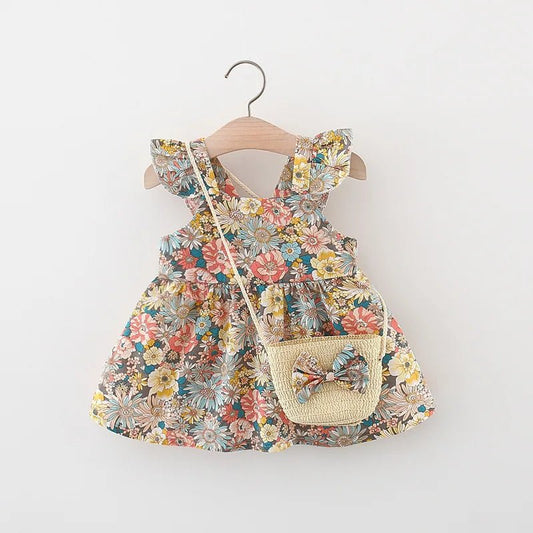 Summer Baby Girl's Dress New Vintage Garden Flower Flying Sleeve Dress with Straw Bag - BABYSMART