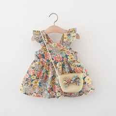 Summer Baby Girl's Dress New Vintage Garden Flower Flying Sleeve Dress with Straw Bag - BABYSMART