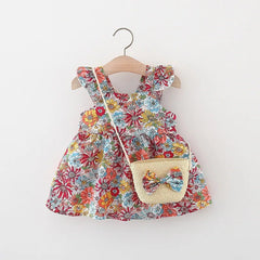 Summer Baby Girl's Dress New Vintage Garden Flower Flying Sleeve Dress with Straw Bag - BABYSMART