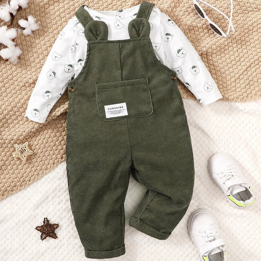 Bear Print Bodysuit with Green Overall Set - BABYSMART