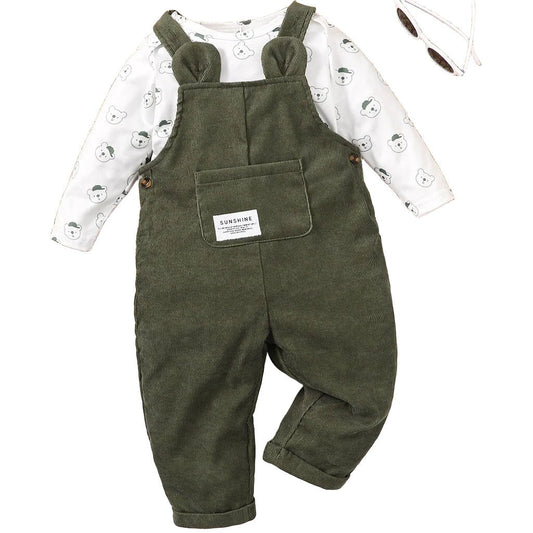 Bear Print Bodysuit with Green Overall Set - BABYSMART