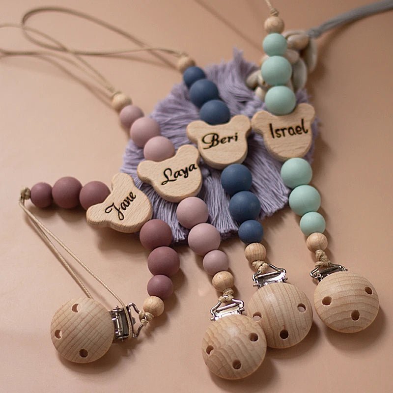 Custom Name Wooden Personalized Baby Pacifier Chain Silicone Bead Dummy Nipple Holder Guard Teether Pendant Newborn Gift Stuff - BABYSMART