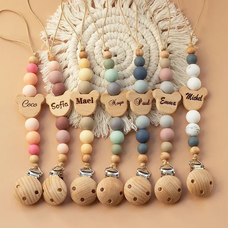 Custom Name Wooden Personalized Baby Pacifier Chain Silicone Bead Dummy Nipple Holder Guard Teether Pendant Newborn Gift Stuff - BABYSMART