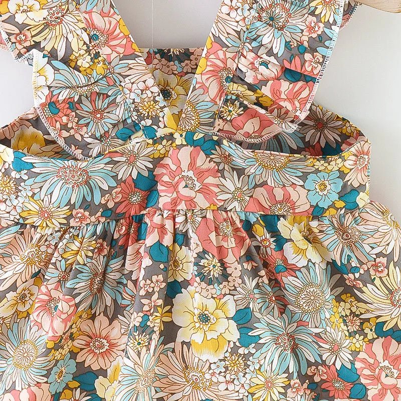 Summer Baby Girl's Dress New Vintage Garden Flower Flying Sleeve Dress with Straw Bag - BABYSMART